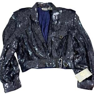 MODI Pure Silk Sequin Cropped Jacket Navy Blue Disco Glam Vintage 80s L NWT